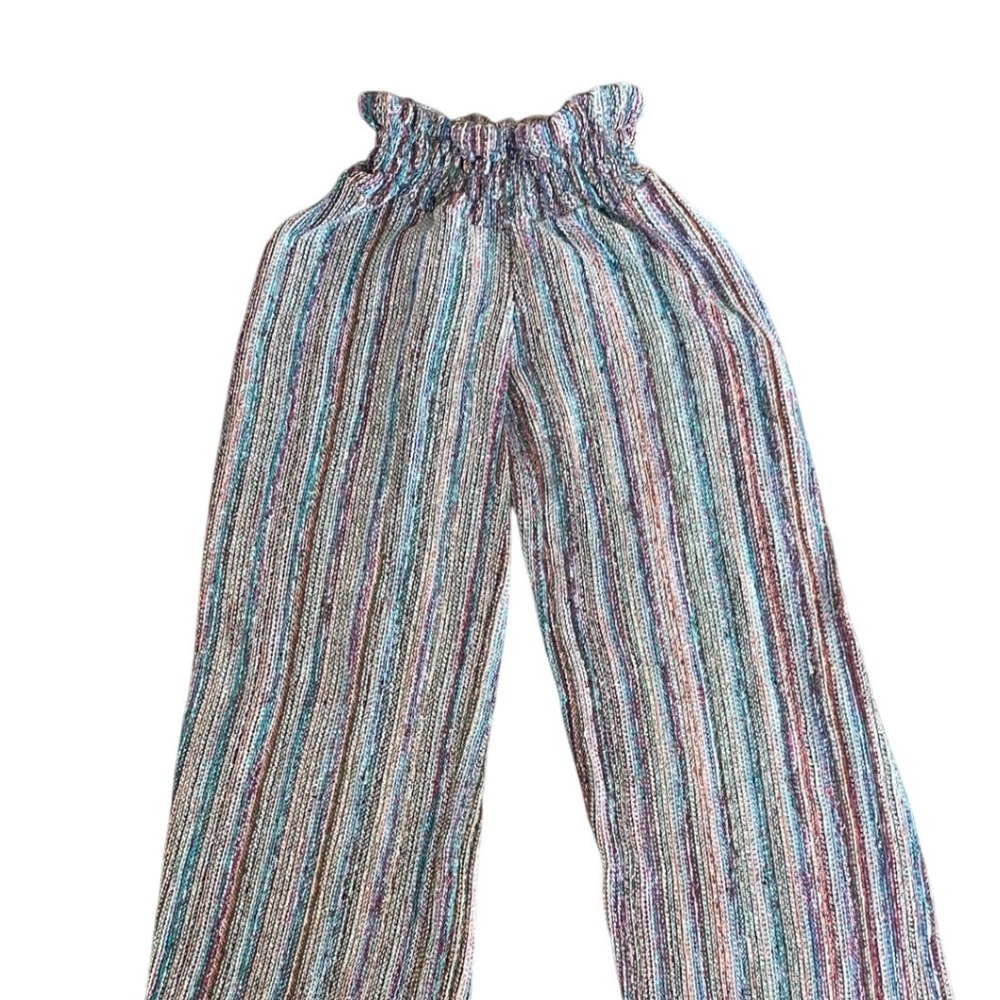 Y2K Boho Wide Leg Rainbow Striped Textured Pants XS Indie Festival Earthy Artsy - Picture 3 of 7